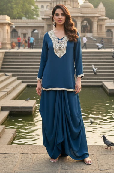 NAZM- Blue Drape Skirt With Short Kurta