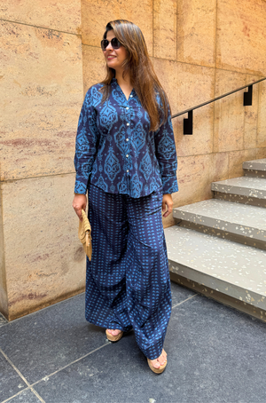 Rozana-Blue Printed Drape Pant Co-Ord Set (Pre-Order)