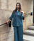 Rozana -Teal Blue Shirt Collar Cutwork Co-Ord Set with Straight Pants