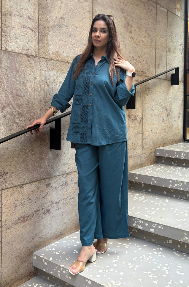 Rozana -Teal Blue Shirt Collar Cutwork Co-Ord Set with Straight Pants