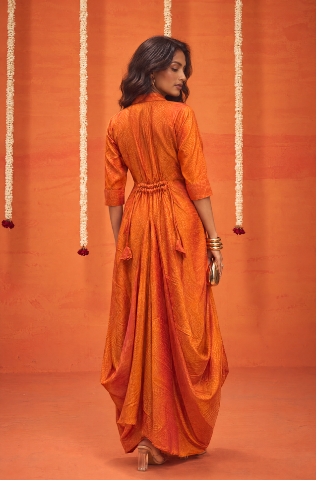 Festive -Rust Orange  Elegant Fusion Patola Printed Drape  Dress
