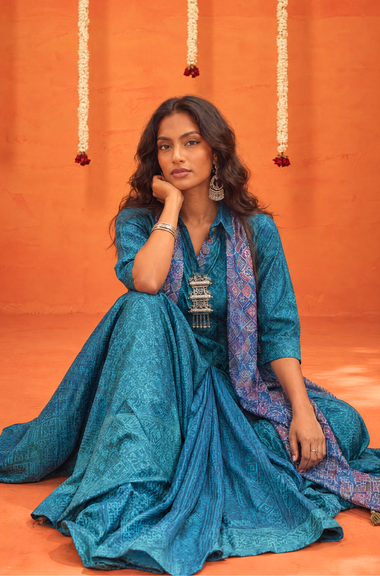 Festive -Blue Elegant Fusion Patola Printed Drape  Dress