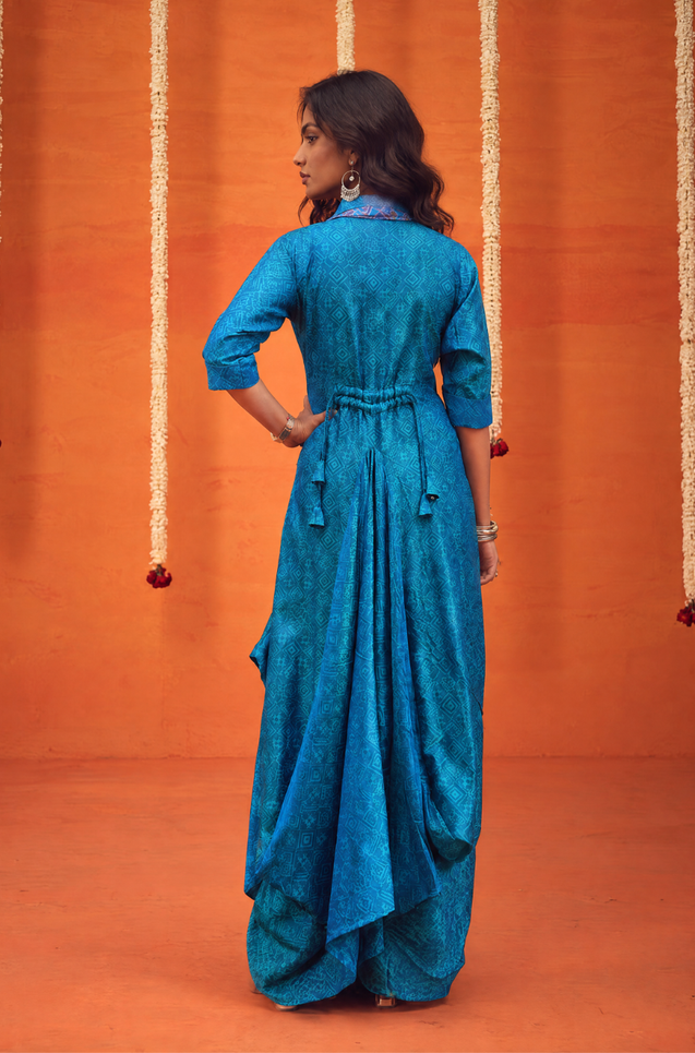Festive -Blue Elegant Fusion Patola Printed Drape  Dress
