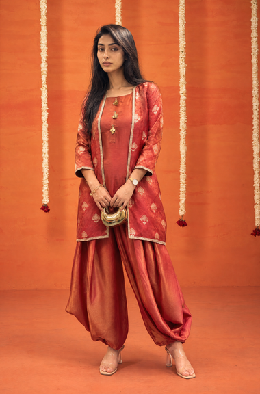 Festive Rust Red  Jacket with Inner and Goro  Pant