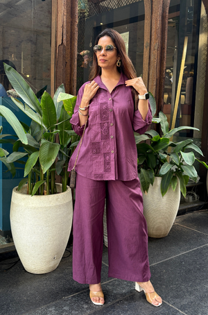 Rozana - Plum Shirt Collar Cutwork Co-Ord Set with Straight Pants