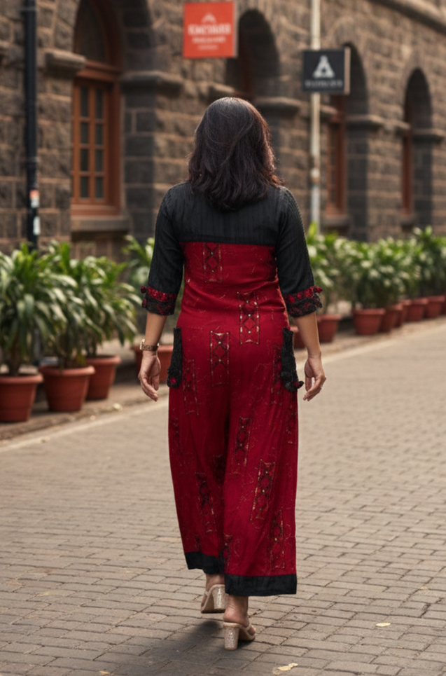 Red Floral Jumpsuit With Side Patch Pocket.
