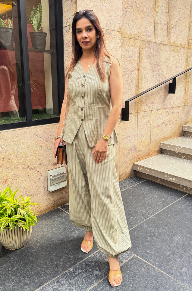 Rozana - Sage Stripe Waistcoat & Balloon Pant Co-Ord Set