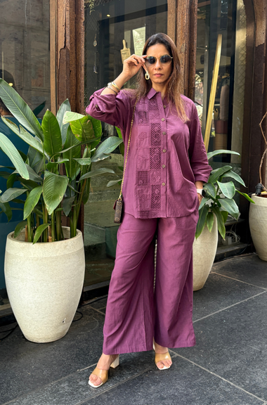 Rozana - Plum Shirt Collar Cutwork Co-Ord Set with Straight Pants