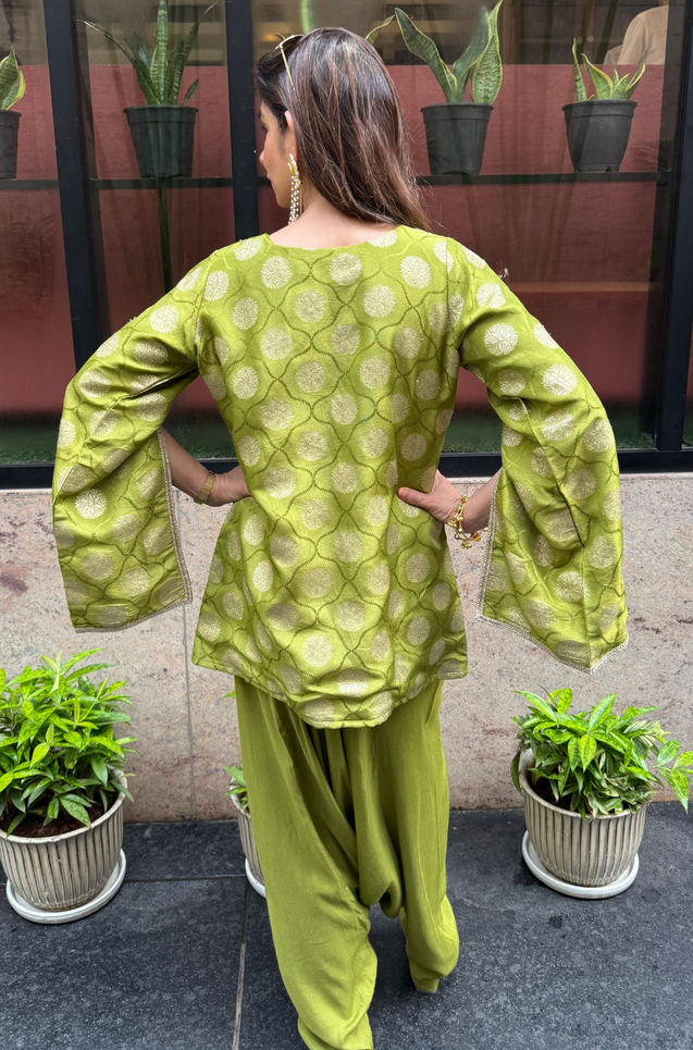 Festive  Lime Green  Jumpsuit With Cape jacket