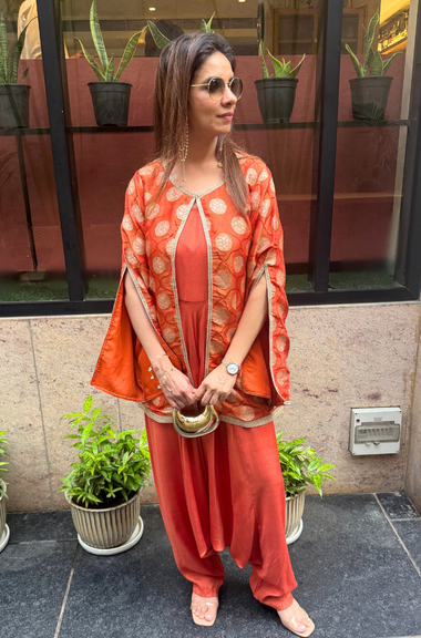Festive  Rust  Orange Jumpsuit With Cape jacket