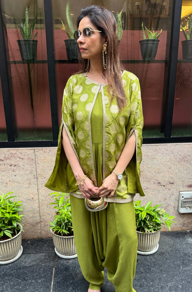 Festive  Lime Green  Jumpsuit With Cape jacket