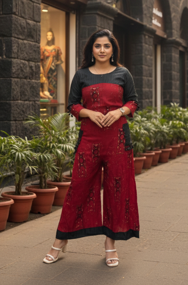 Red Floral Jumpsuit With Side Patch Pocket.
