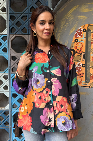 MAERI-Black Multicolor floral Printed Shirt