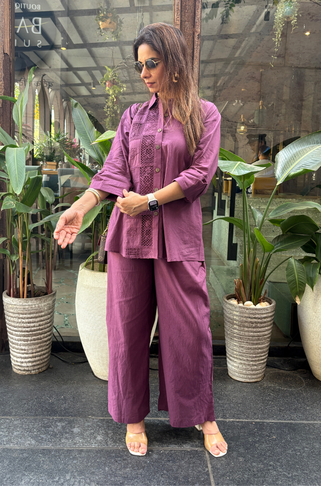 Rozana - Plum Shirt Collar Cutwork Co-Ord Set with Straight Pants (PRE-ORDER)