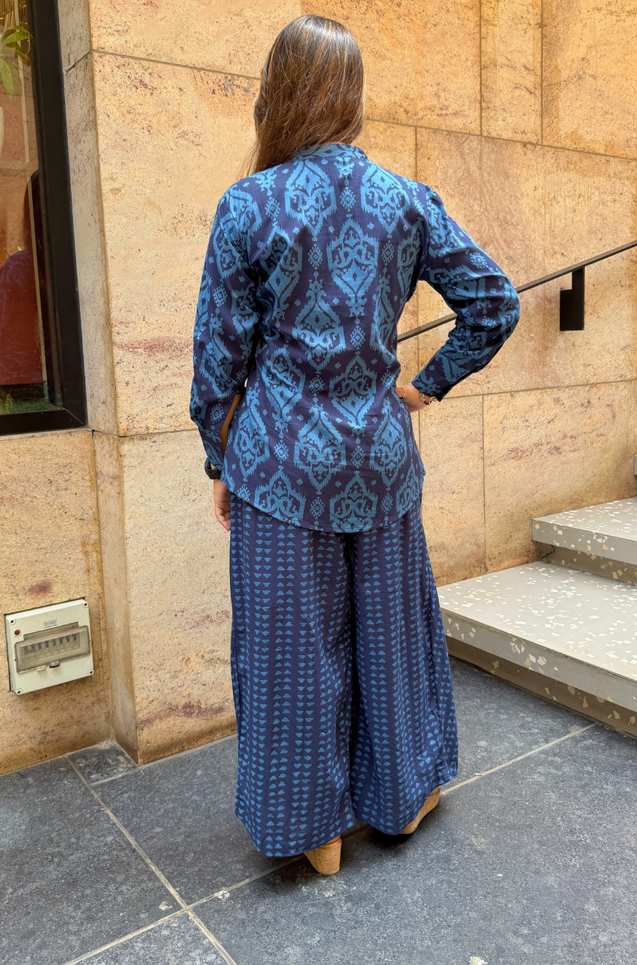 Rozana-Blue Printed Drape Pant Co-Ord Set (Pre-Order)