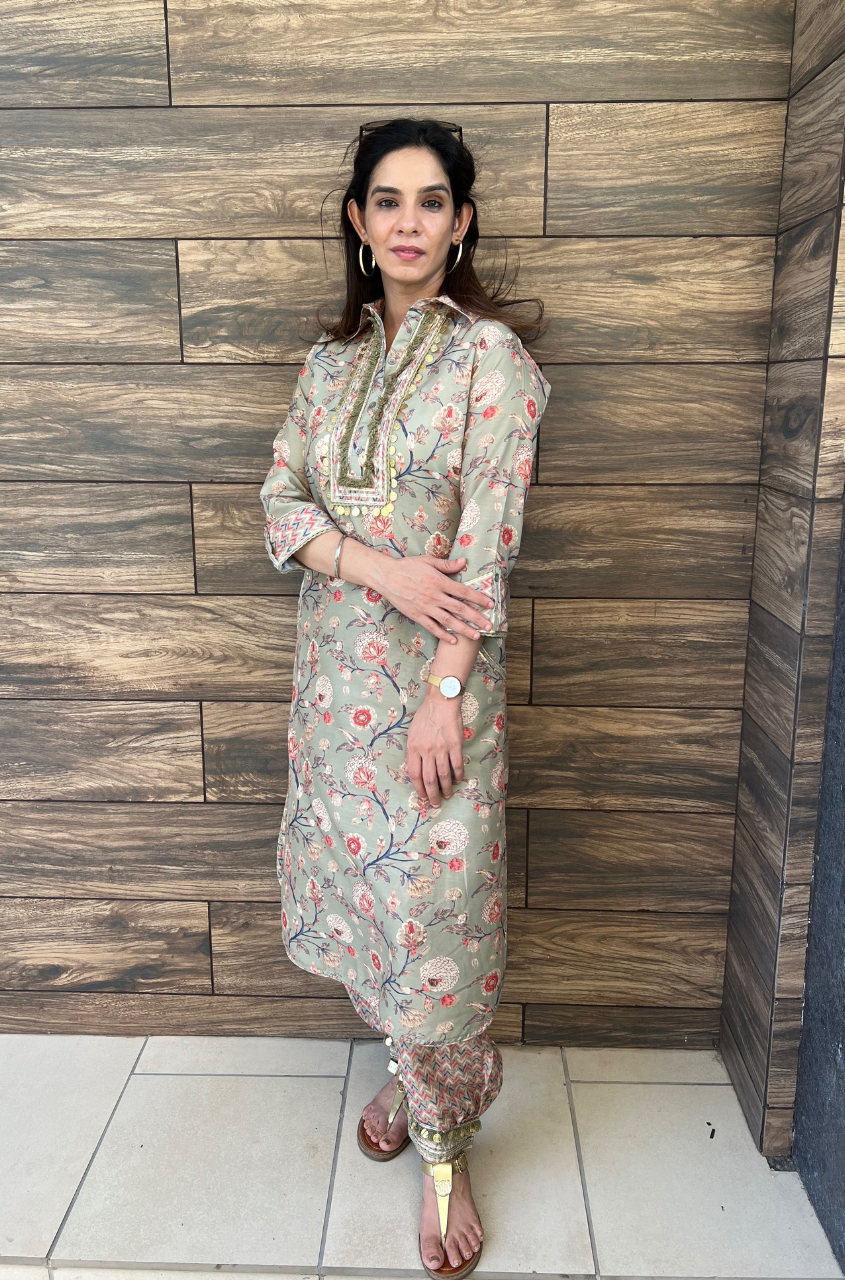 DESI SWAG - Sage Green Floral Printed Pathani Set - Ishnya DESI SWAG - Sage Green Floral Printed Pathani Set - Ishnya