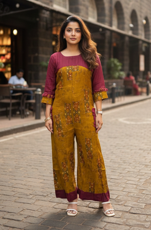 Mustard  Floral Jumpsuit With Side Patch Pocket.