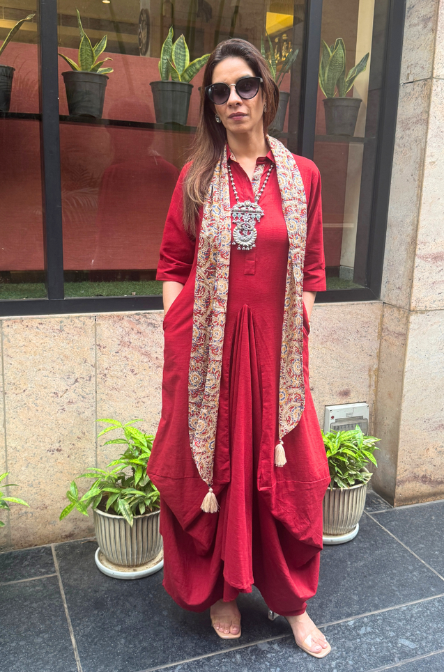 Rozana-Red Cotton Slub Elegant Fusion Drape  Dress