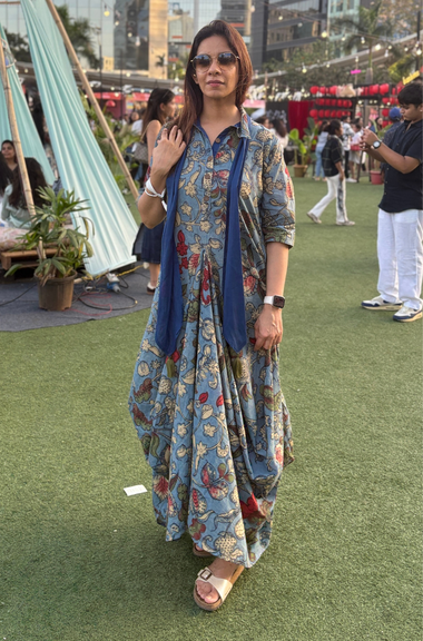 Rozana- Blue Cotton Elegant Fusion  Drape  Dress