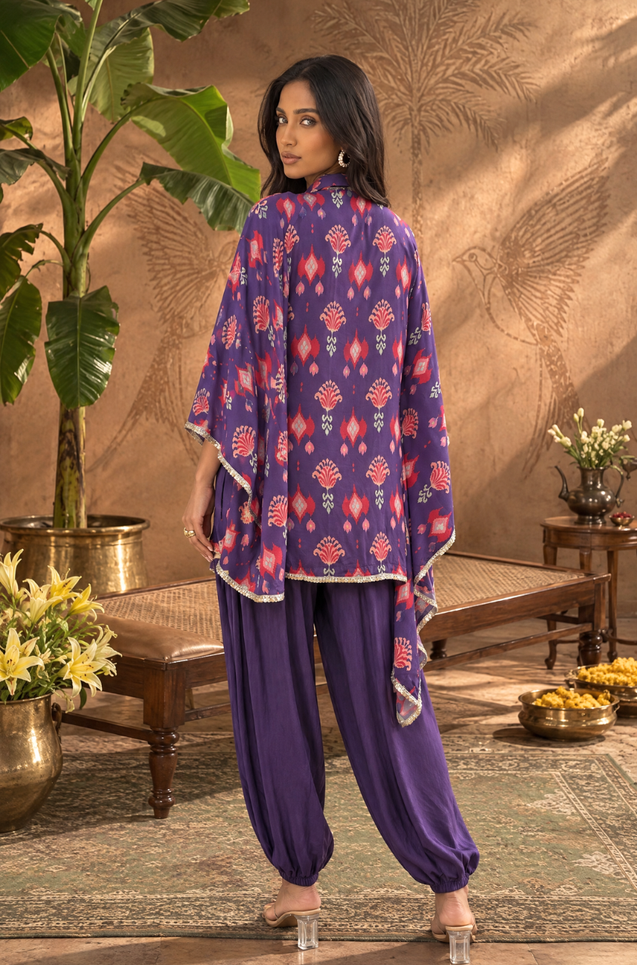 Mizaaj  -Purple Ikat Printed Shirt Kaftan  With  Ballon Pant( Pre-Order)