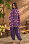 Mizaaj  -Purple Ikat Printed Shirt Kaftan  With  Ballon Pant( Pre-Order)