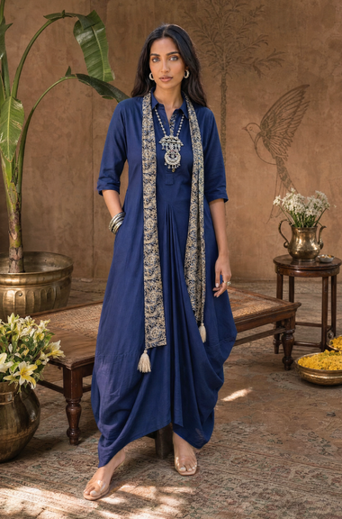 Rozana-Dark Blue Cotton Slub Elegant Fusion Drape  Dress