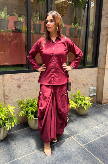 REZAAR- Maroon Drape Skirt Co-Ord Set with Shirt Top