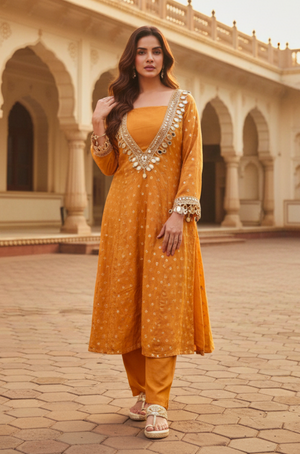 AFSUN -Mirror Embellished Mustard Ethnic Kurta set