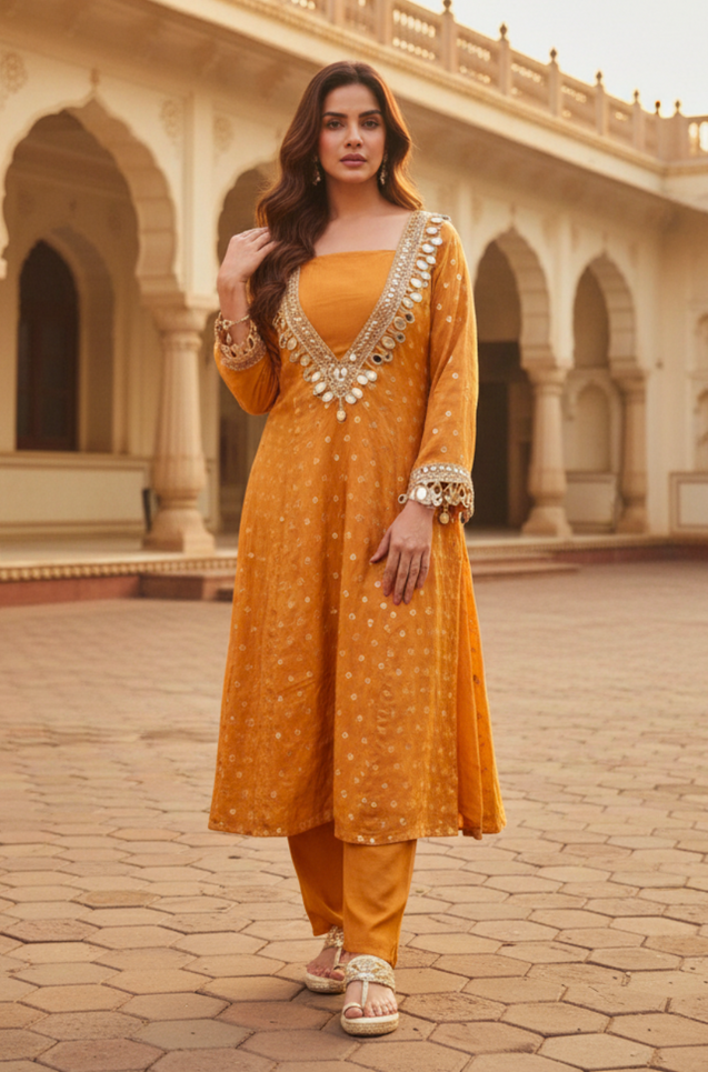 AFSUN -Mirror Embellished Mustard Ethnic Kurta set