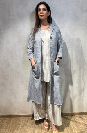 REZAAR- Greyish -Blue  Three  Piece Cotton Blazer Jacket Set