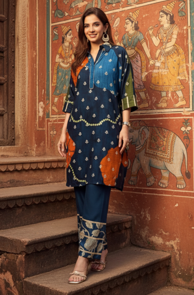 MEHER-Navy Blue Bandhani Ethnic  Kurta set