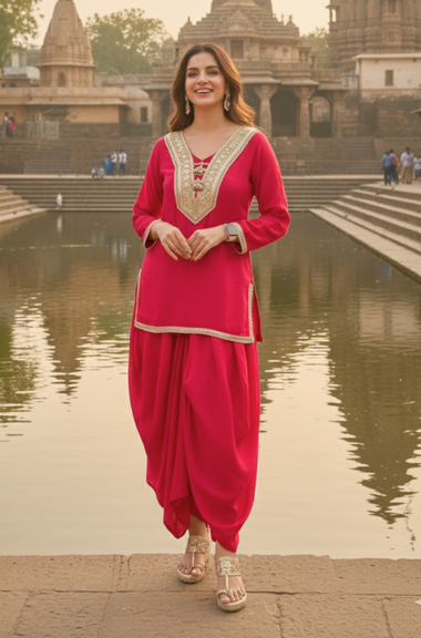 NAZM- Berry Red Drape Skirt With Short Kurta