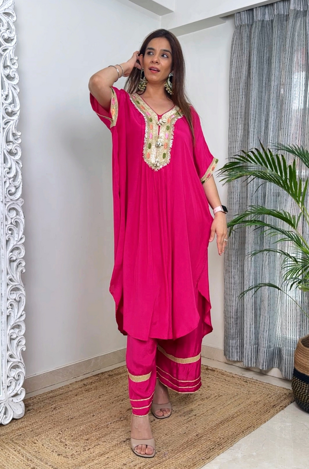 Raas-Pink Solid Batwing Two Piece Set (oversized fit)