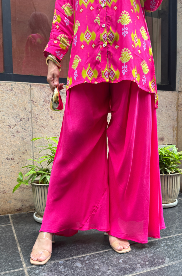 Festive Fuchsia  Pink Ikat Printed Short Kurta With Cowl Pant