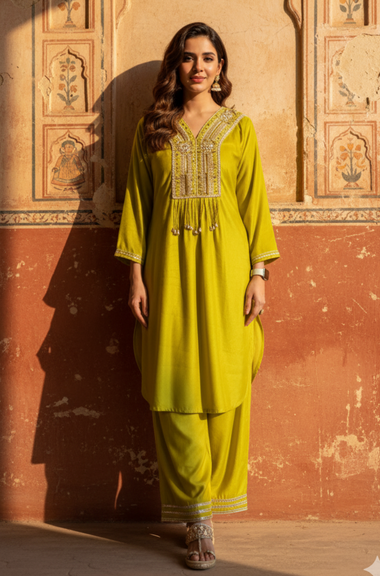 FITOOR-Lime Green Embroidered Kurta Set