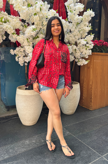 AURA-Red Pocket Printed Oversized Shirt