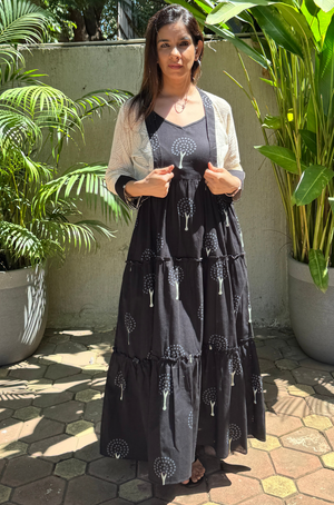 REZAAR- Black Tiered Gown With Knit Jacket