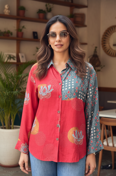 AURA-Red and Blue Lotus Printed Oversized Shirt
