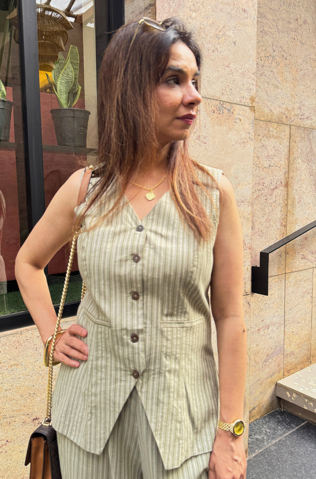 Rozana - Sage Stripe Waistcoat & Balloon Pant Co-Ord Set