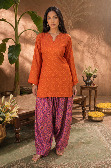 Festive Rust Orange  Patola Printed Farshi Salwar Set(Pre-order)