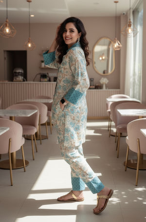 Pacific Blue Floral Printed Hakoba Co-ord set