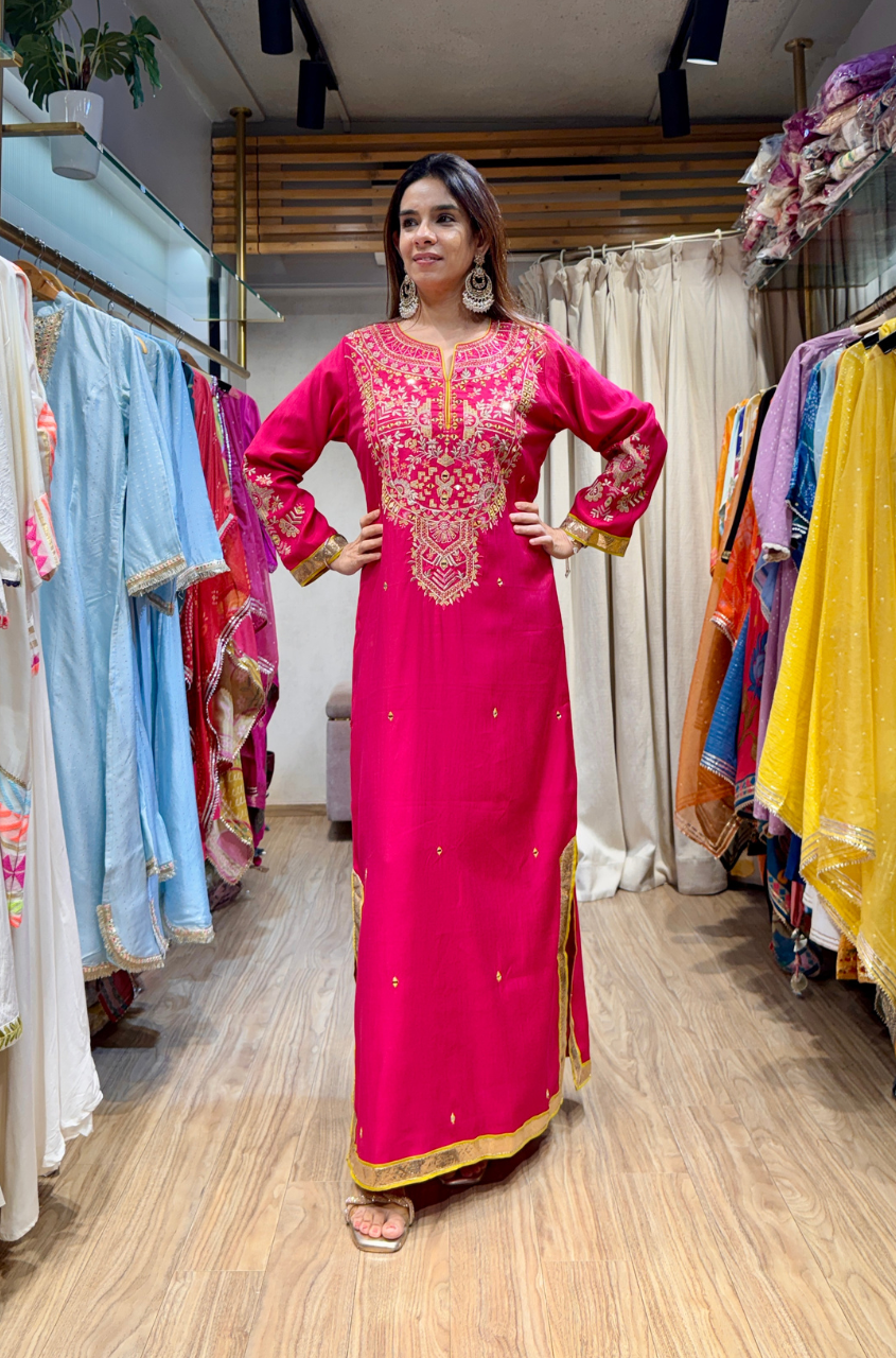 pink ethnic dress NAZM- Embroidered Hot Pink Ethnic Dress