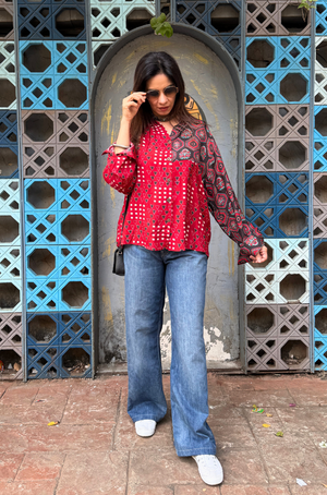 AURA-Red and Brown  Printed  Shirt(oversized fit)