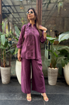 Rozana - Plum Shirt Collar Cutwork Co-Ord Set with Straight Pants (PRE-ORDER)