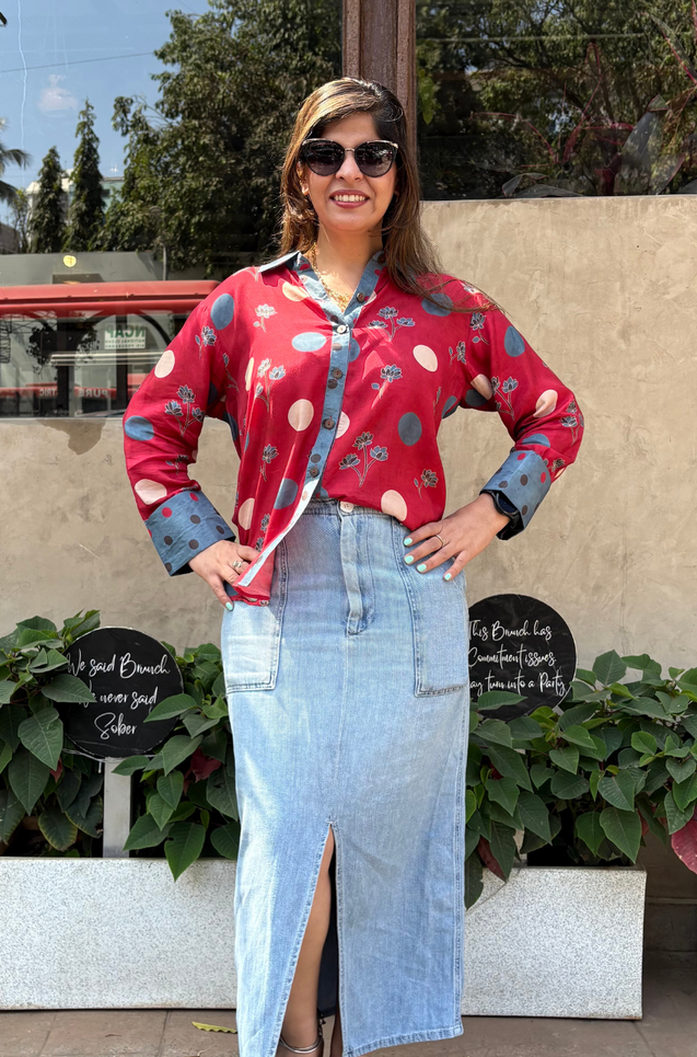 Jazba-Red Polka Bloom Printed  shirt