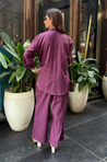 Rozana - Plum Shirt Collar Cutwork Co-Ord Set with Straight Pants (PRE-ORDER)