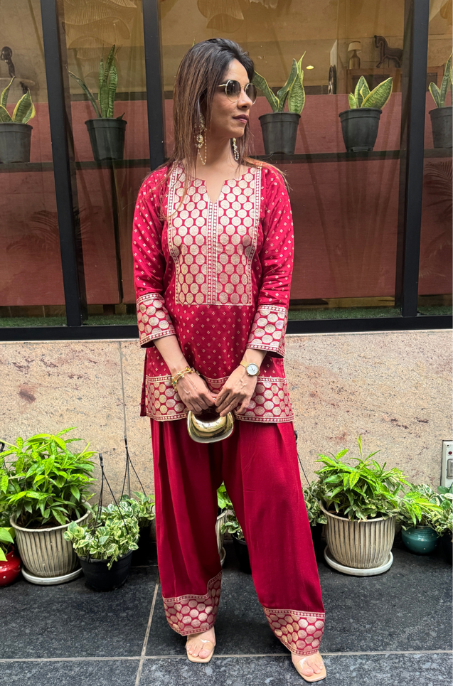 Festive Elegant Karwa Chauth Red Ethnic Farshi Salwar Set