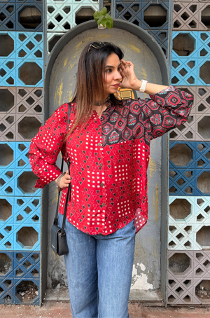 AURA-Red and Brown  Printed Oversized Shirt