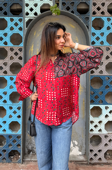 AURA-Red and Brown  Printed Oversized Shirt