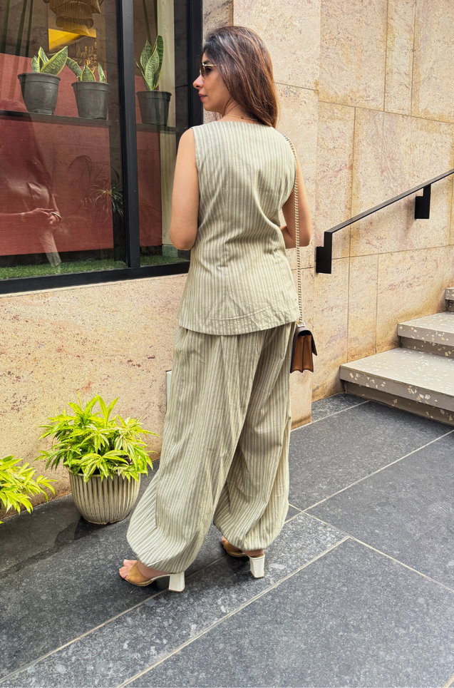 Rozana - Sage Stripe Waistcoat & Balloon Pant Co-Ord Set
